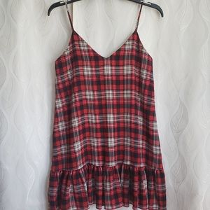 Lulu's Red Plaid Ruffle Flutter Hem Vneck Tank Dress
